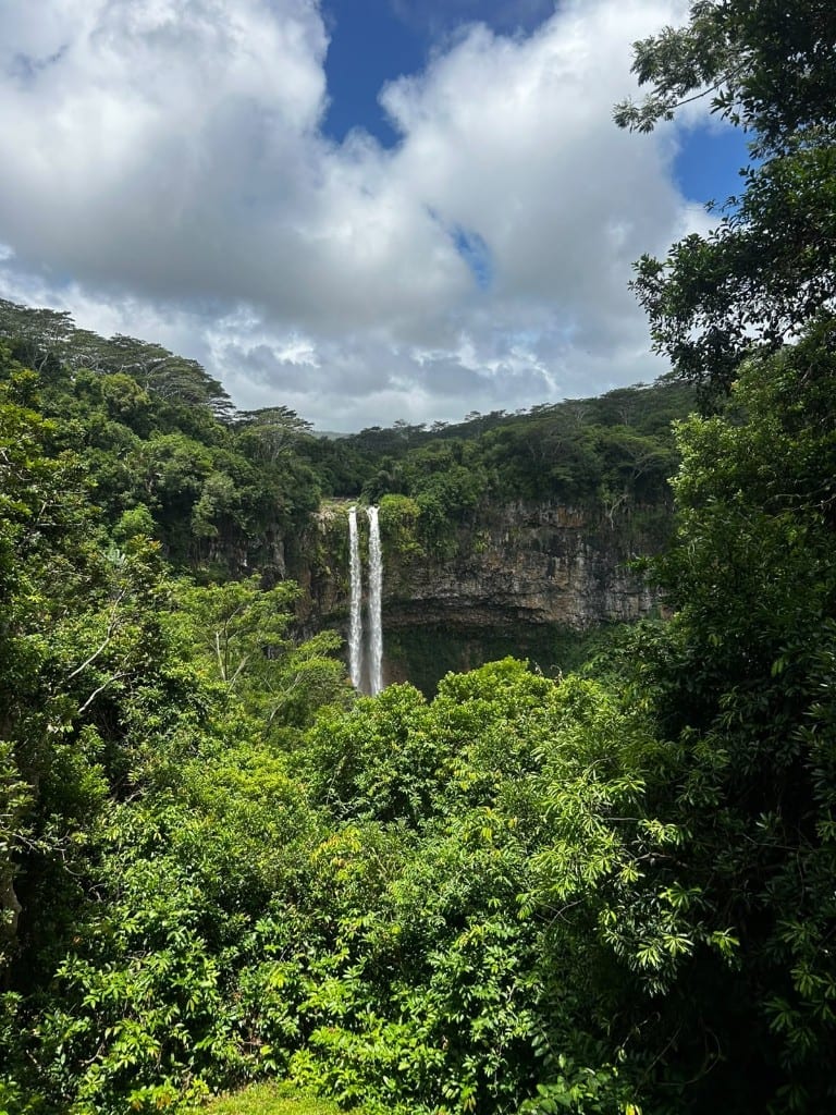 Twin waterfalls plunging into a green gorge at Chamarel, Mauritius
