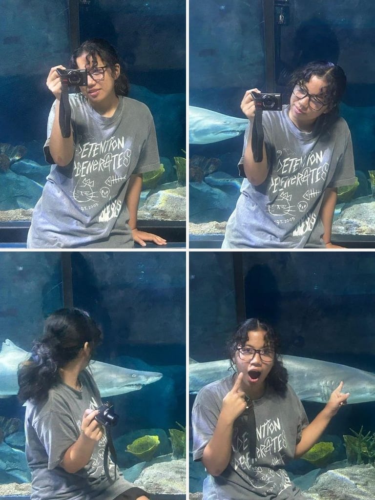 Four-photo collage at the shark tunnel at Odysseo Oceanarium, Mauritius